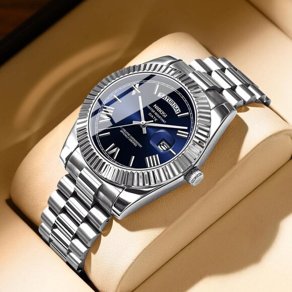 Men\'s Silver Blue Stain Steel Analog Classic Design Stylish Wrist Dress Watch